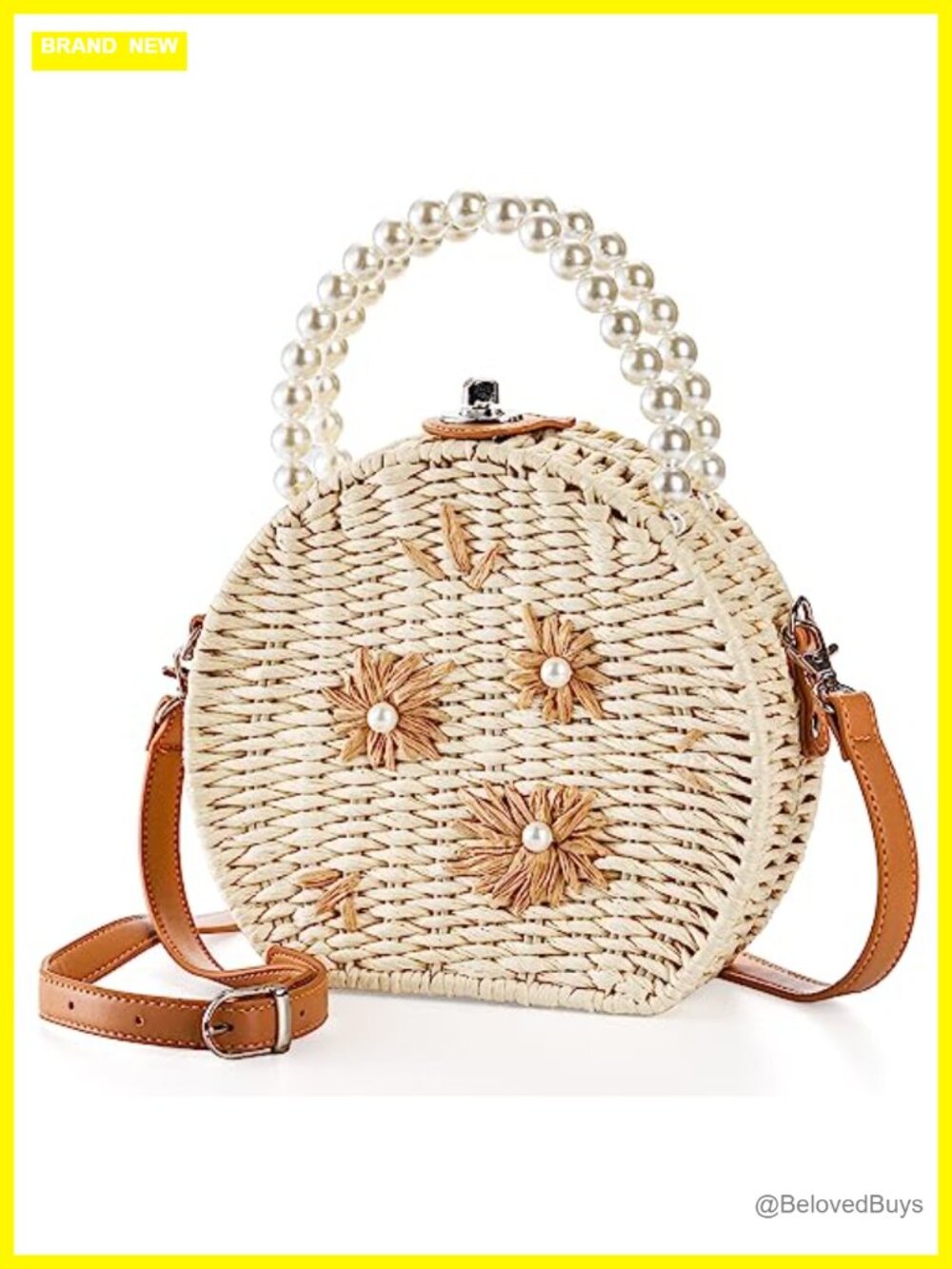 Handwoven Round Rattan Bag, Straw Crossbody with Adjustable Straps, Pearl